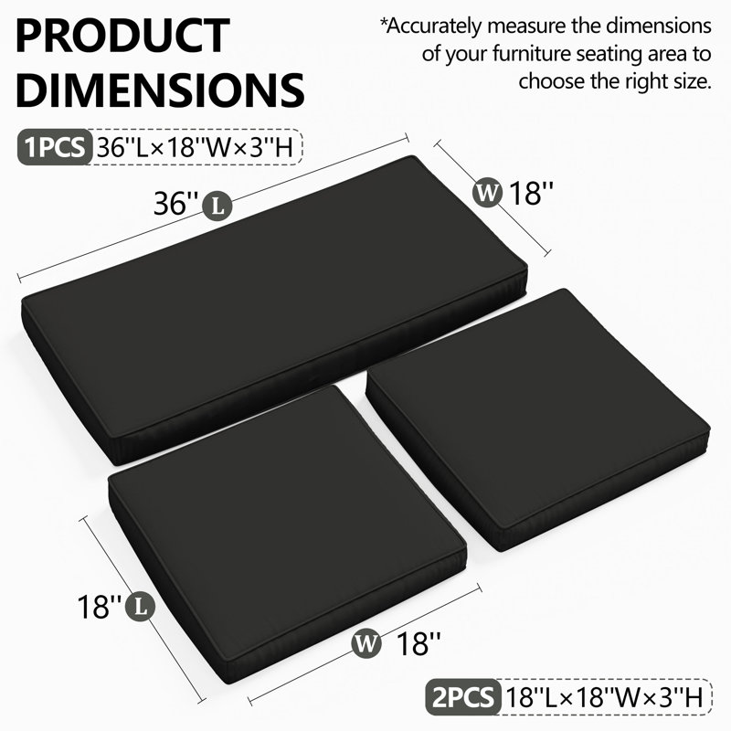 3-Piece Outdoor Seat Cushion Set, Black