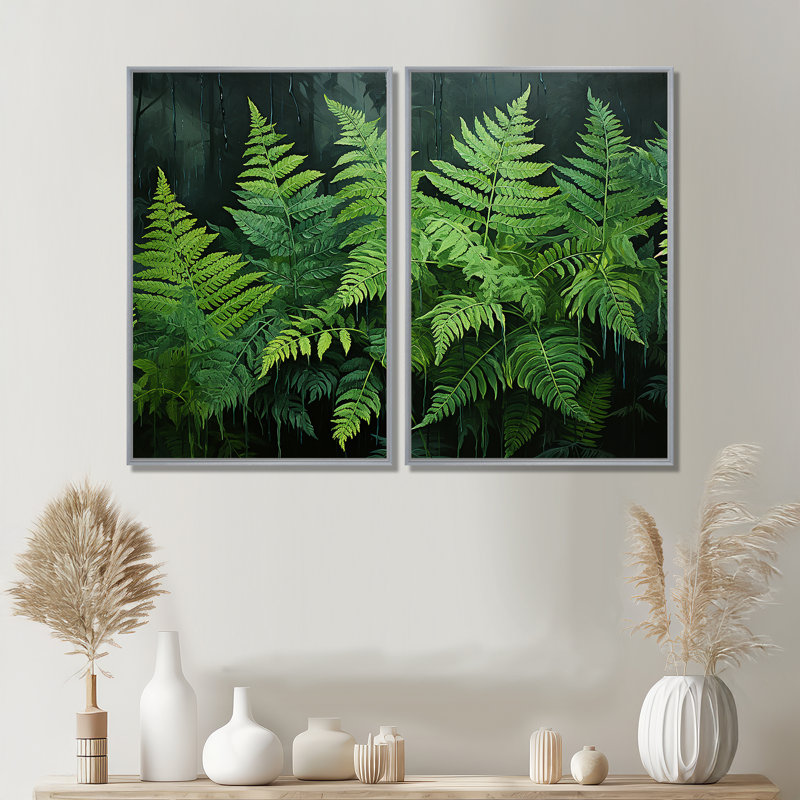 Emerald Green Ferns Forest I - Art mural traditionnel blanc, 36" H x 48" W, Impression encadrée flottante, Silver