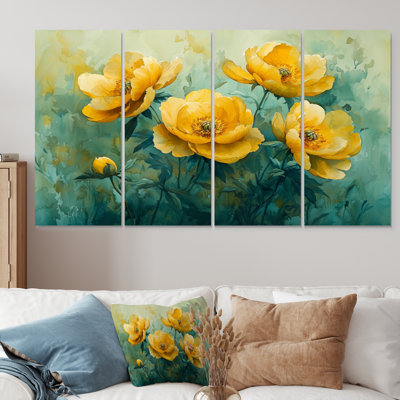 Pivoine jaune verte et douce étreinte I - pivoines jaunes, art mural traditionnel