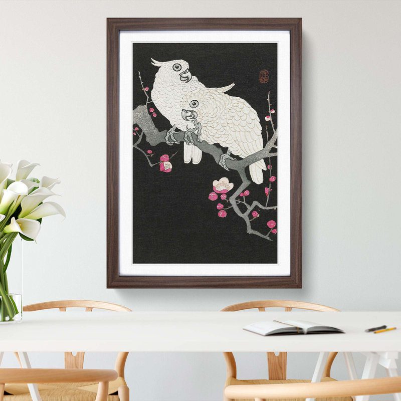 Plum Blossom Tree with Two Cockatoos by Ohara Koson - Picture Frame Painting Print on MDF, 50cm H x 35cm W x 2cm D, Walnut