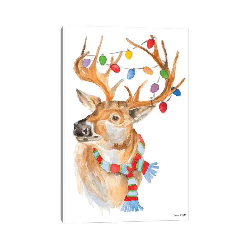 «Deer with Lights and Scarf» par Lanie Loreth - peinture sur toile tendue, H 40 po x l 26 po x P 1,5 po
