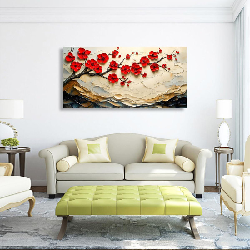 Arbre de vie, toile, art mural pour salon, chambre à coucher, fleur rouge, décoration murale abstraite jaune, reproduction d'art moderne, prune, fleur de montagne, prêt à être accroché - 20 po x 40 po