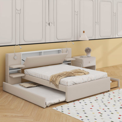 Queen Size Upholstered Platform Bed With Reading Lights, Drawers, Trundle And Shelves