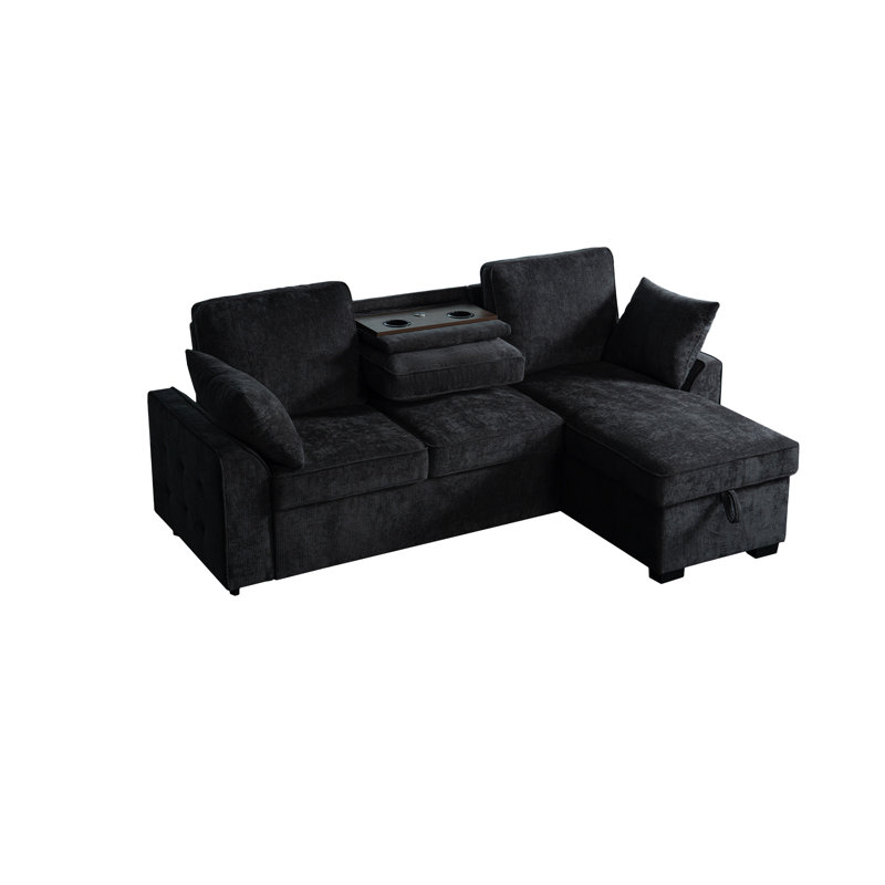 Canapé-lit convertible de 85 po avec méridienne avec rangement, canapé-lit en forme de L moderne avec double porte-gobelet, plateau amovible et 2 pollows