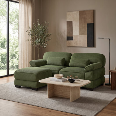 Canapé d'angle modulaire 2 places en velours côtelé vert avec pouf amovible et assises profondes