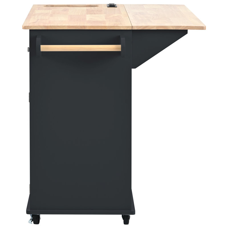 Kitchen Island With Power Outlet,Kitchen Storage Island With Drop Leaf And Rubber Wood,Open Storage And Wine Rack,5 Wheels,With Adjustable Storage