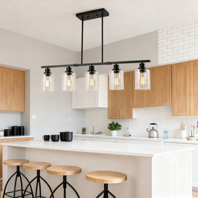 5-Light Linear Pendant Light Fixture, Adjustable Height Black Metal Chandelier With Clear Glass Shades For Kitchen Island, Dining Room, Living Room, E26 Socket