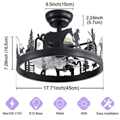 17.71" Farmhouse Western Cowboy Flush Mount Caged Ceiling Fan with Light, Reversible Blades & Timed Remote