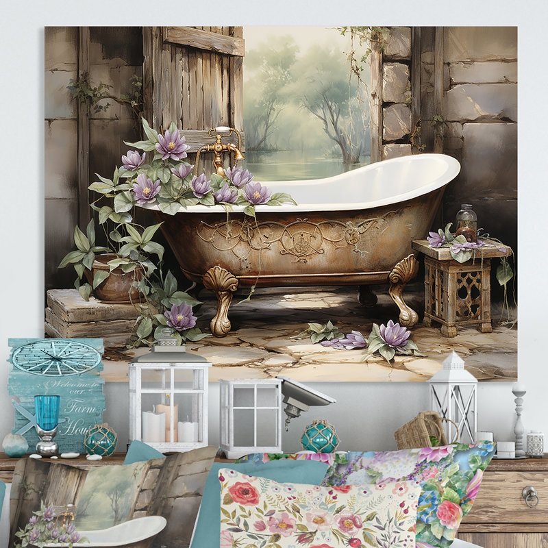Farmhouse Bathtub Florals - Bathroom Metal Wall Art MT132082, 24" H x 32" W x 1" D