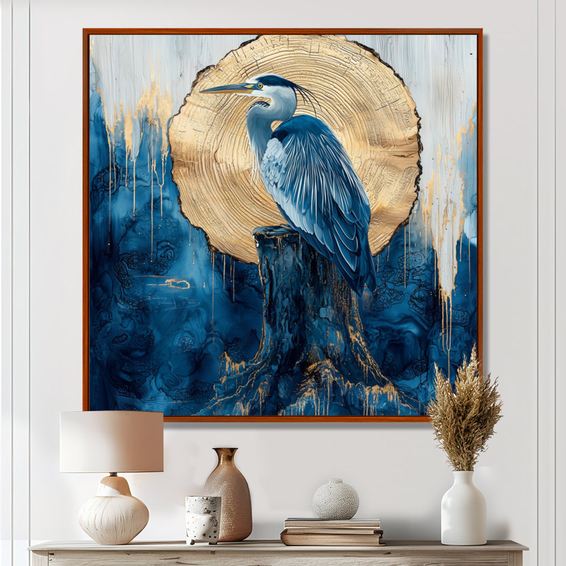 Azante, héron dans la lune dorée, encre de Chine, paysage - héron, art mural, Impression encadrée flottante, Brun