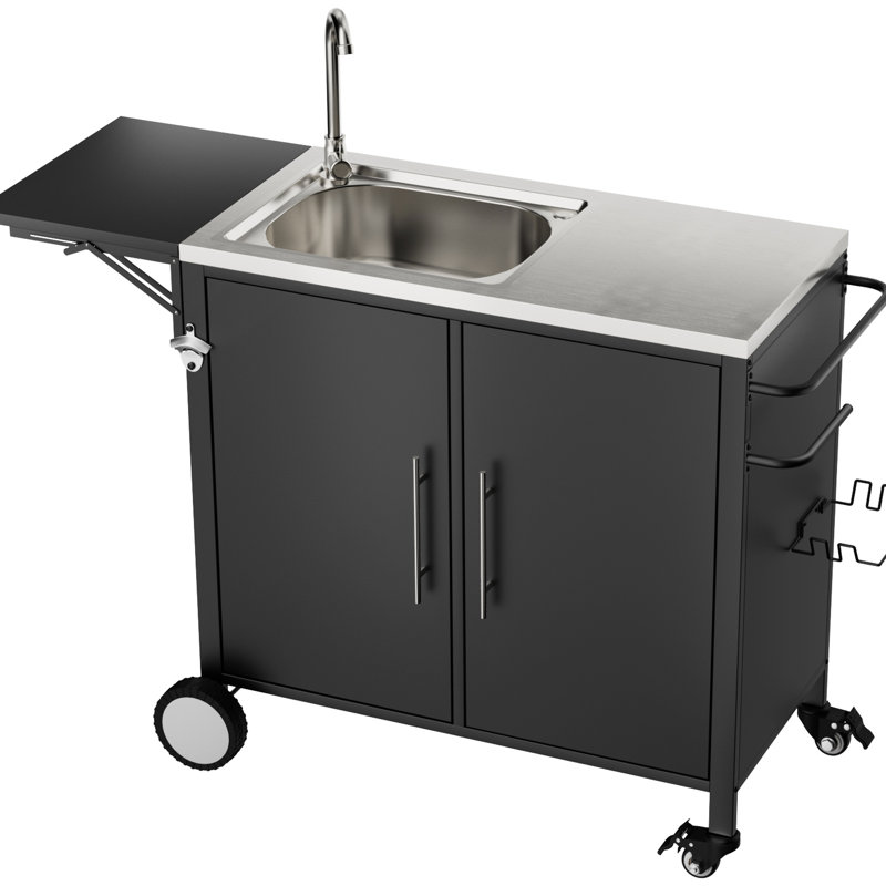 Table de barbecue extérieure avec évier et comptoir pliable, îlot de cuisine en métal, roulettes de chariot, acier inoxydable 304, évier multifonction, roulettes pivotantes à 360° avec verrouillables, rangement, table de travail, pour jardin.