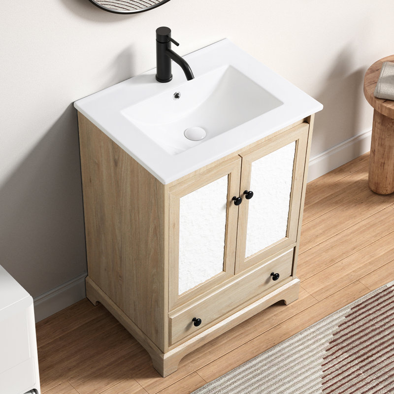 Meuble-lavabo de salle de bain avec lavabo en céramique à 1 tiroir avec charnières réglables, évier à fermeture en douceur, résistant à la température et aux éclats.