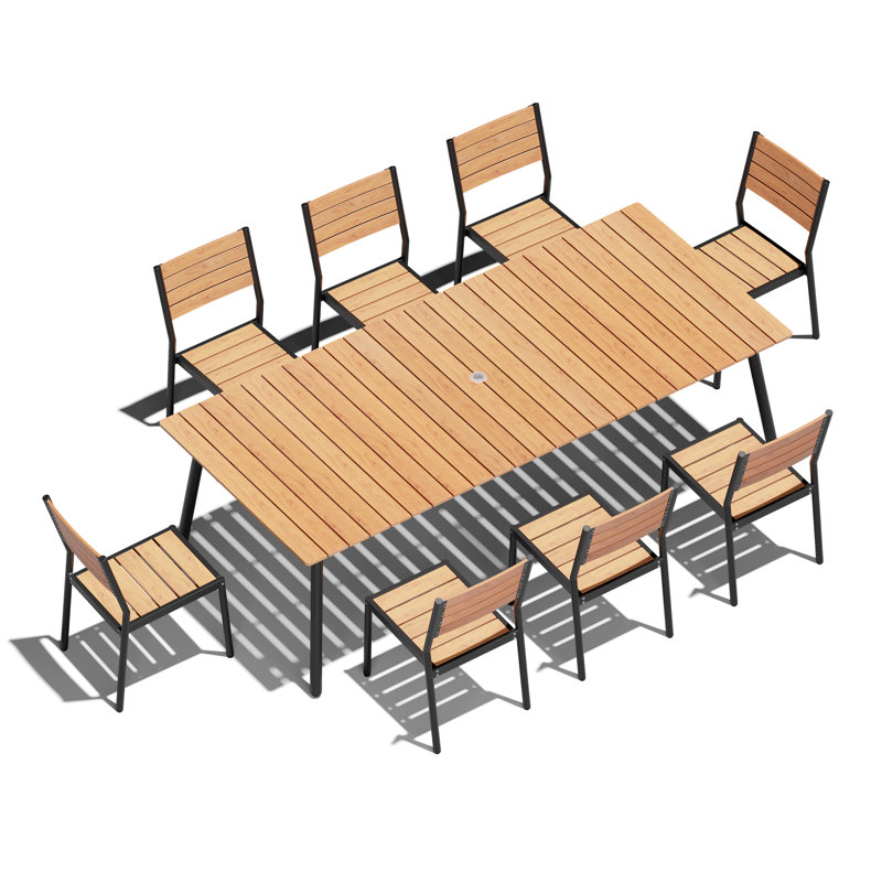 Ensemble repas pour 8 personnes L 94,49 po x l 42,12 po avec structure en aluminium, trou pour parasol et chaises sans accoudoirs