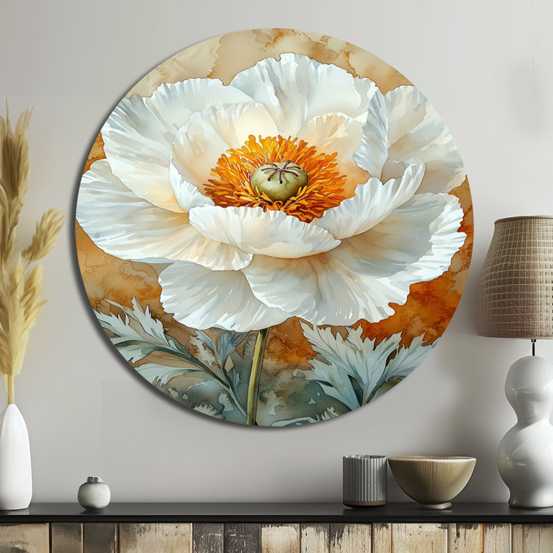 Pivoine blanche fleur de tranquillité - coquelicots ronds, impression sur métal blanc traditionnel, H 16 po x l 16 po