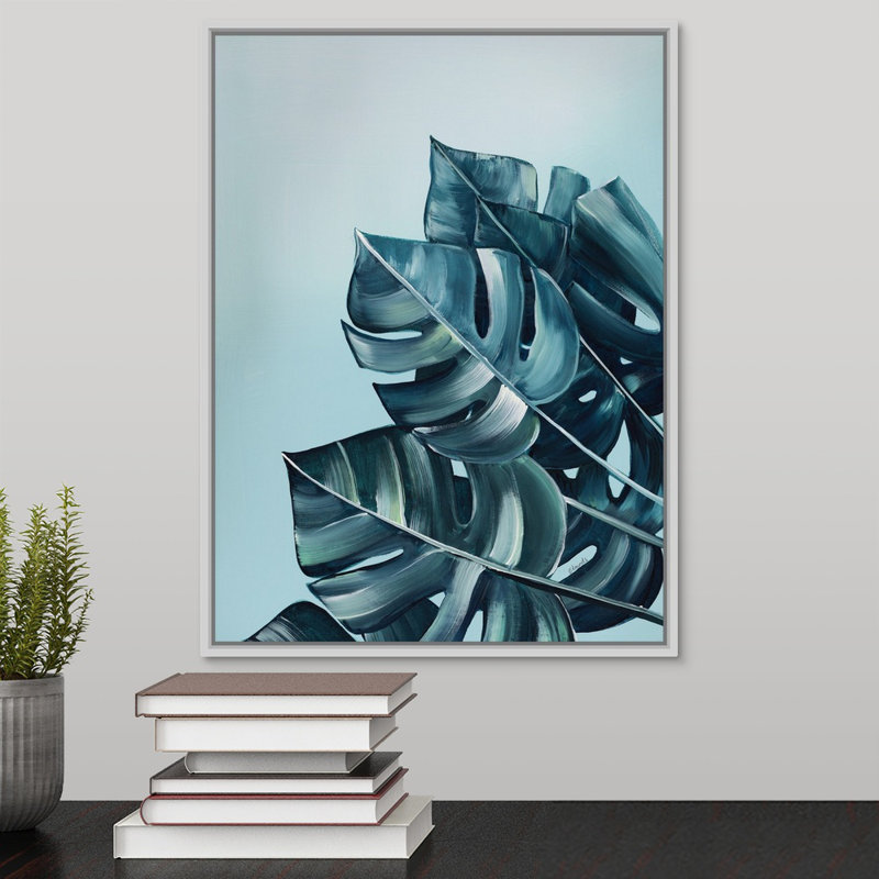 « tropical palms vi », peinture sur toile, H 17,7 po x l 13,7 po x p 1,75 po, Cadre flottant blanc