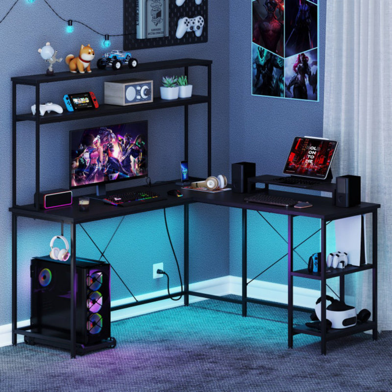 L-Shaped Reversible Gaming Desk With LED Strip And Power Outlets Hutch Monitor Stand, Black