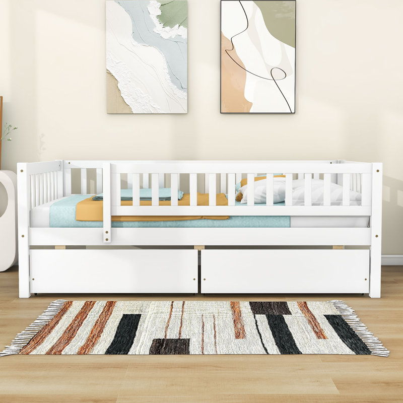 Lit de jour en bois avec 2 tiroirs de rangement et barrières de sécurité   , Lit simple, Blanc