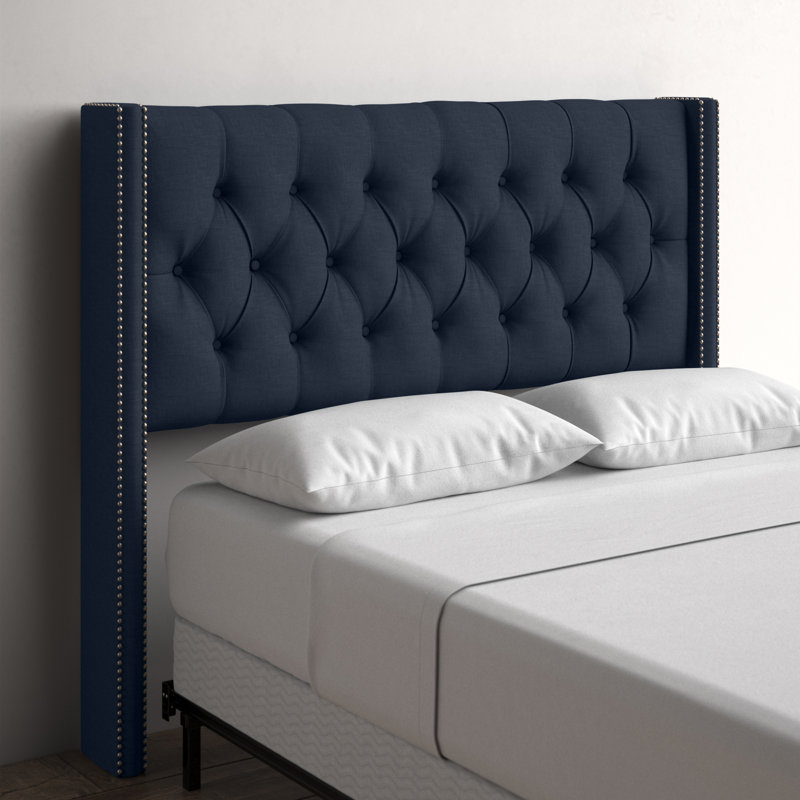 Whitingham Solid Wood Headboard, California King, Classic Navy Linen, Pewter