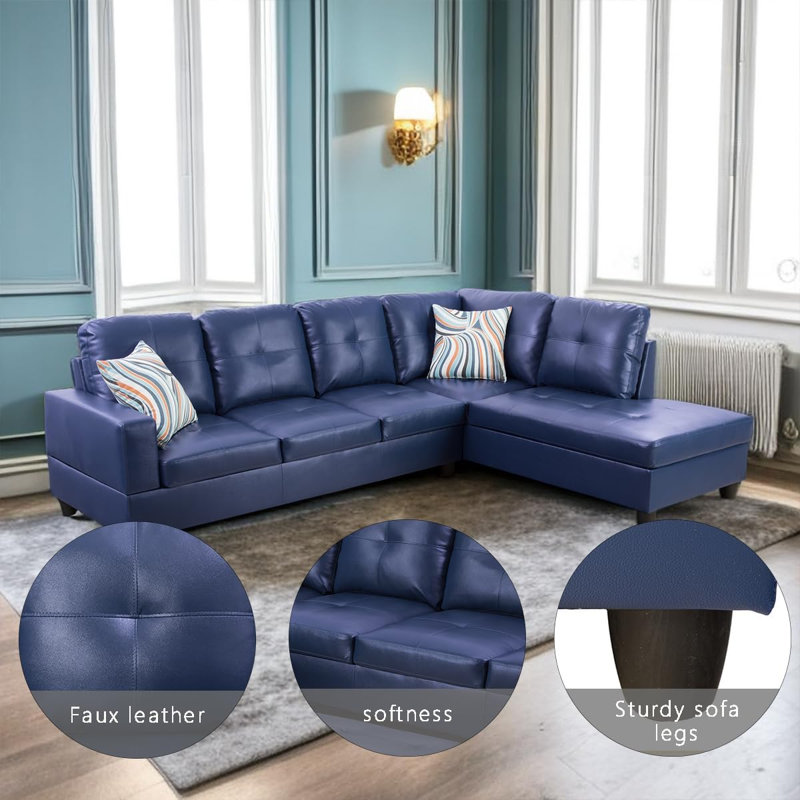 Bawan Faux Leather L-Shaped Sectional, Right Hand Facing, Navy Faux Leather