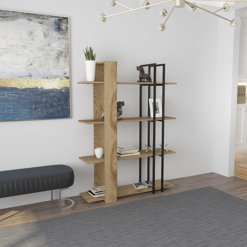 Bibliothèque moderne en chêne et noir, 47,2 x 63,0 x 12,2 pouces | 100% panneau de particules enduit de mélamine, épaisseur: 0,7 pouce | Design industriel élégant, parfait pour la maison ou le bureau, solution de rangement robuste et élégante