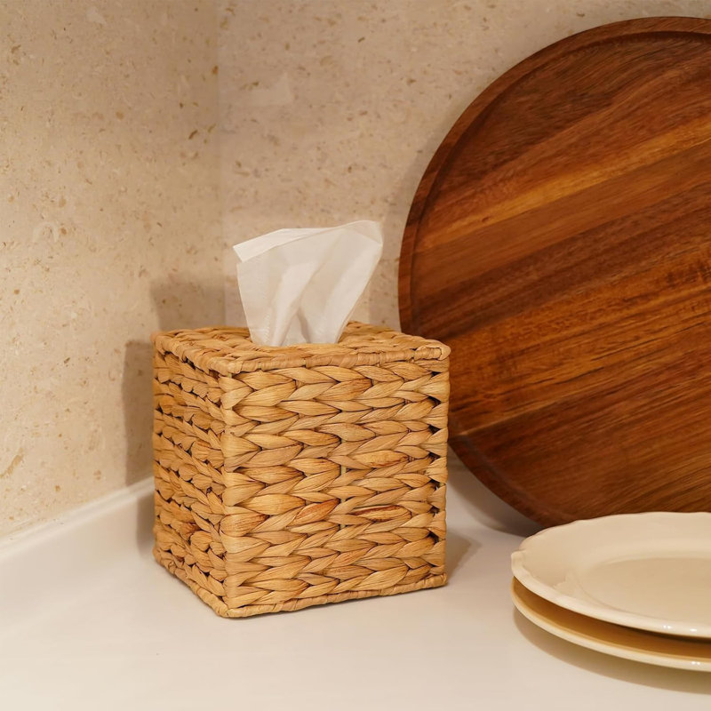Couvercle de boîte à mouchoirs en jacinthe d'eau tissée à la main, porte-boîte à serviettes en osier naturel fait à la main, papier-mouchoir carré fabriqué à la main, décoration rustique sur table et salle de bain, bureau, décoration bohème