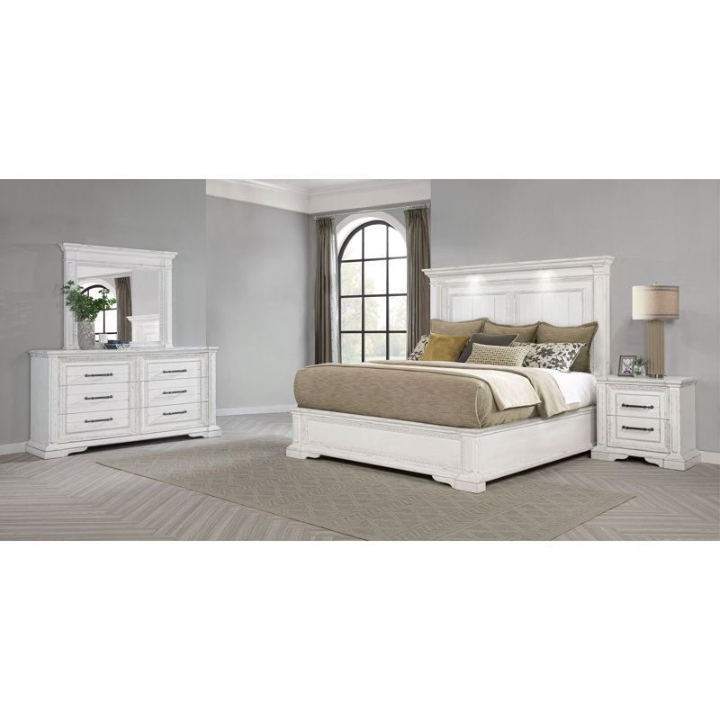 Ensemble de chambre à coucher grand lit 4 pièces Mikhel - blanc rétro, Grand