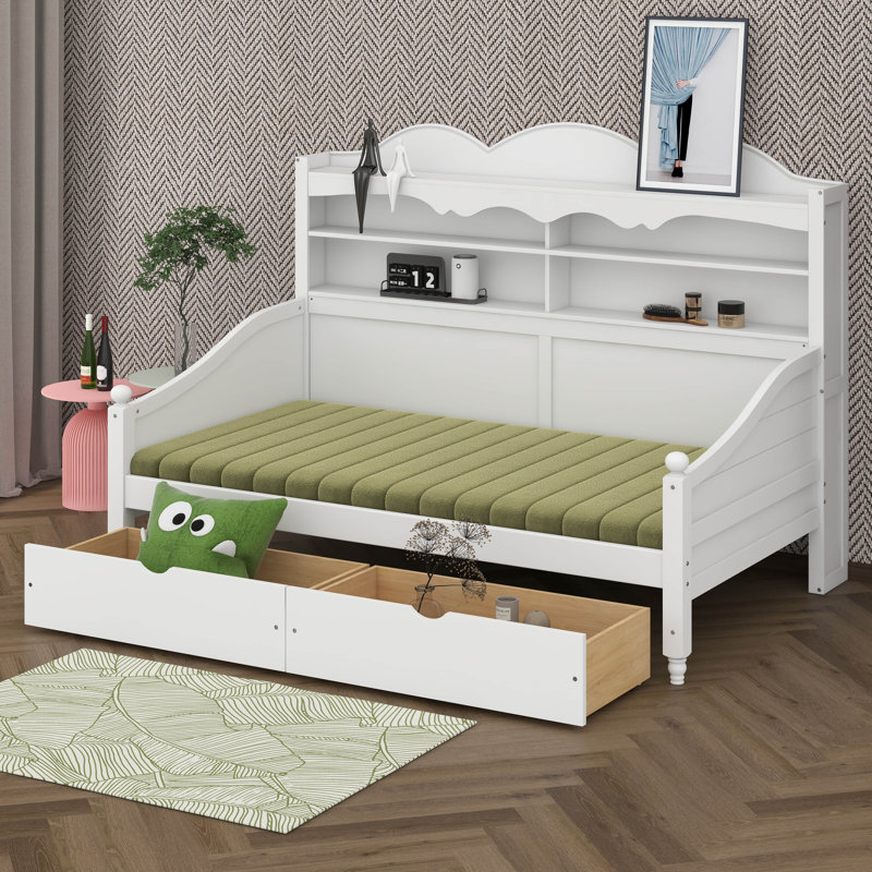 Lit de jour simple avec tiroirs de rangement et étagère de tête de lit, structure de lit de jour rétro en bois, Blanc
