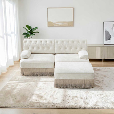 76.6"W Velvet Fabric Sectional Loveseat with 1 Ottoman, Button Tufted Design, Floor-grazing Tassel Fringe Skirt