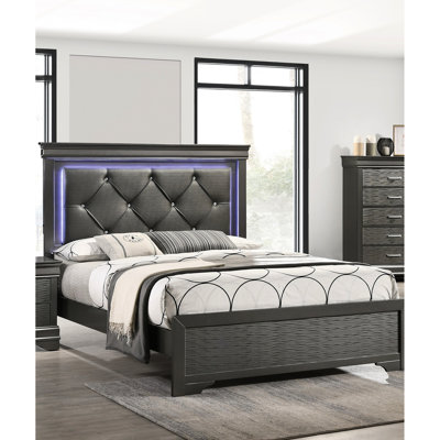 Très grand lit oriental en similicuir gris foncé, structure en bois massif, bouton de décoration de chambre à coucher moderne et unique, bois, meubles texturés