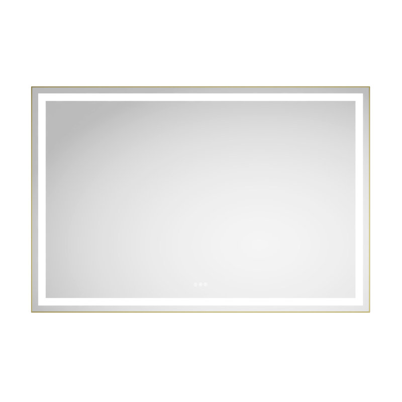 Miroir de salle de bain 72 po x 48 po à DEL. Brouillard, 3 couleurs, gradation continue. Fixé au mur avec un cadre en aluminium doré brossé et des réglages d'éclairage uniques