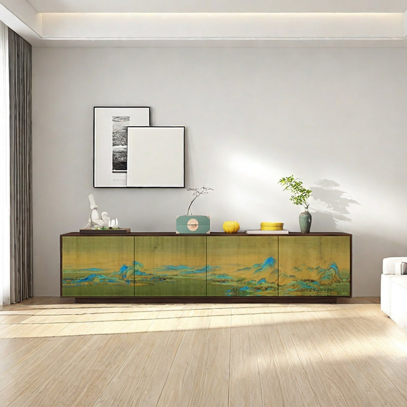 Meuble télé en bois de pin naturel, Noir/vert, 70.86"