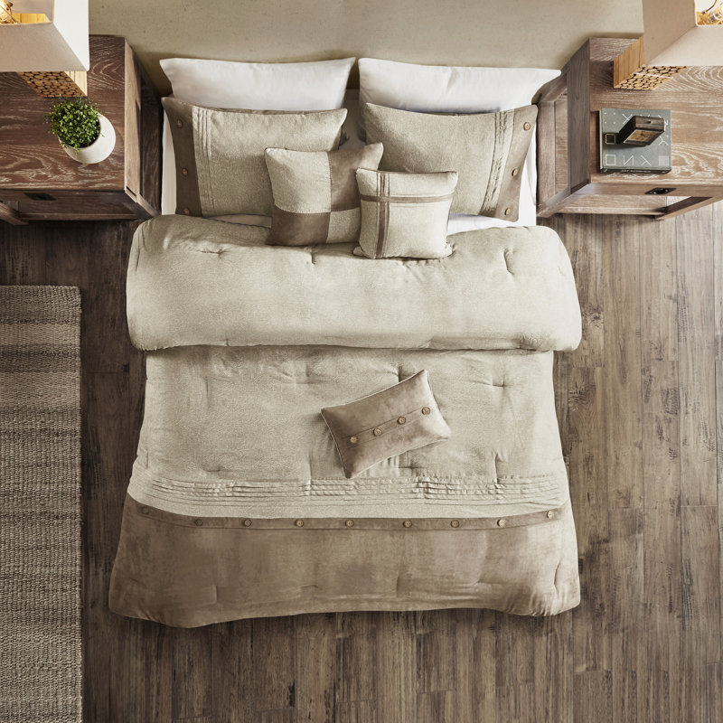 Édredon 7 pièces en faux suède brun clair - Literie à boutons décoratifs doux et confortable, Tan