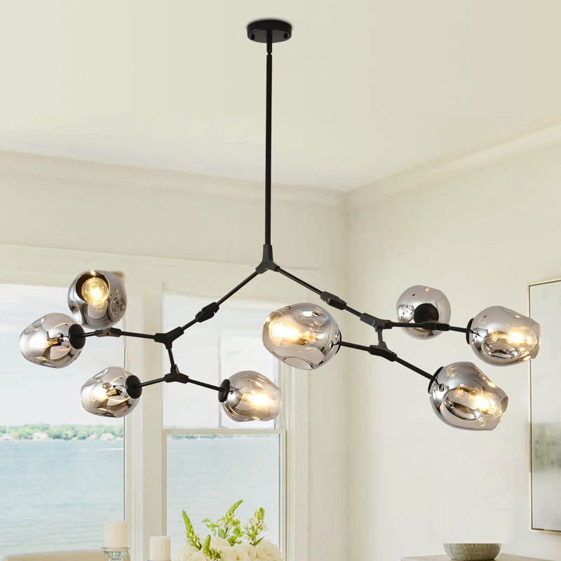 8 Lights Sputnik Chandelier For Dining Room Black Modern Pendant Light Fixture With Black Clear Glass Shade Large Mid Century Chandeliers For Kitchen Island Living Room Foyer