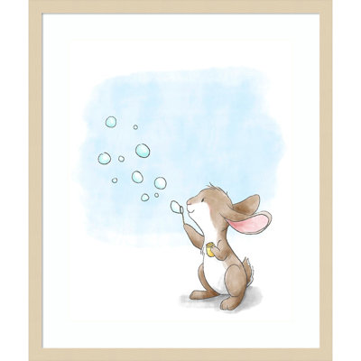 «Little Bunny Blowing Bubbles» par Circle Kids, impression sur bois encadrée