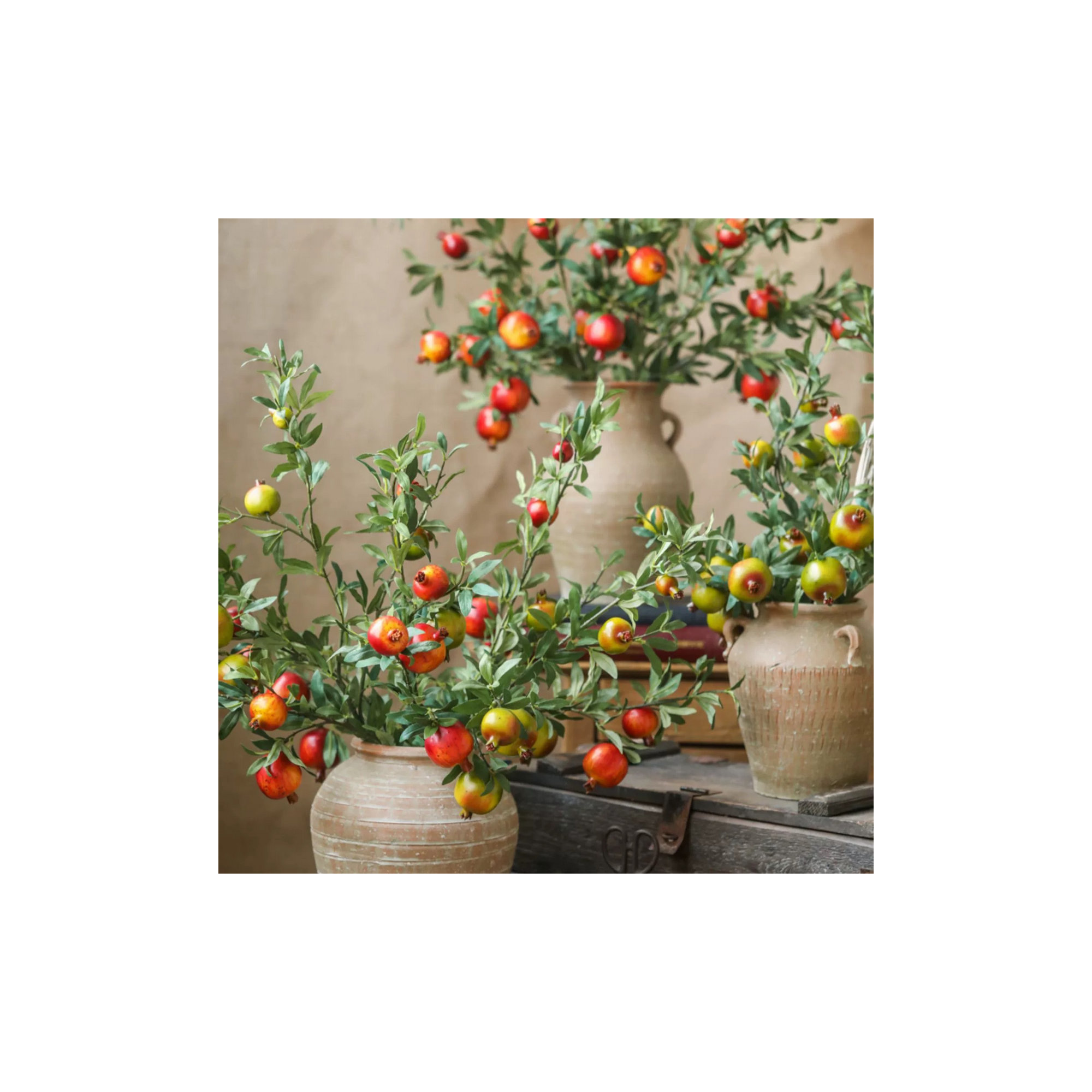 Big Fruit Faux Pomegranate Stem 32" Tall, Red