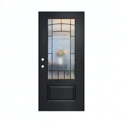 Panneau de porte en PRV brossé 36 x 80, vitrage trempé à motif nuageux, vue 3/4 - Style classique pour l'entrée principale, ouverture à droite vers l'intérieur, panneau de porte en PRV noir
