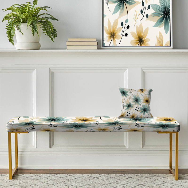 Teal & Beige Elegant Floral Pattern - Floral Upholstered Gold Bench