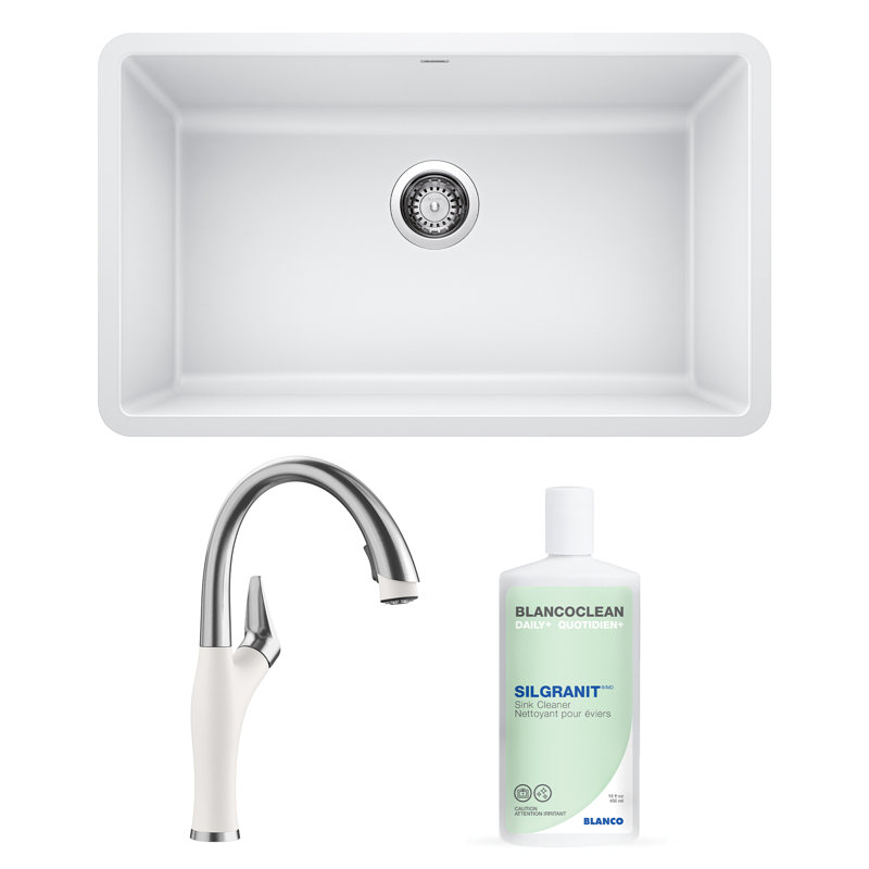 Precis 30" L x 18" W Undermount Kitchen Sink with Faucet & Sink Cleaner, White