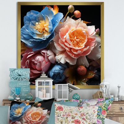 «Peach and Blue Peony Bouquet Still Life I», reproduction sur toile