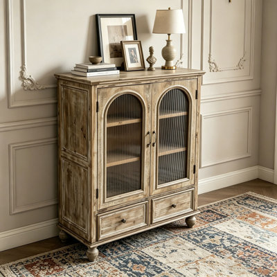 Armoire de rangement, garde-manger en bois vieilli avec 2 portes en verre et 2 tiroirs