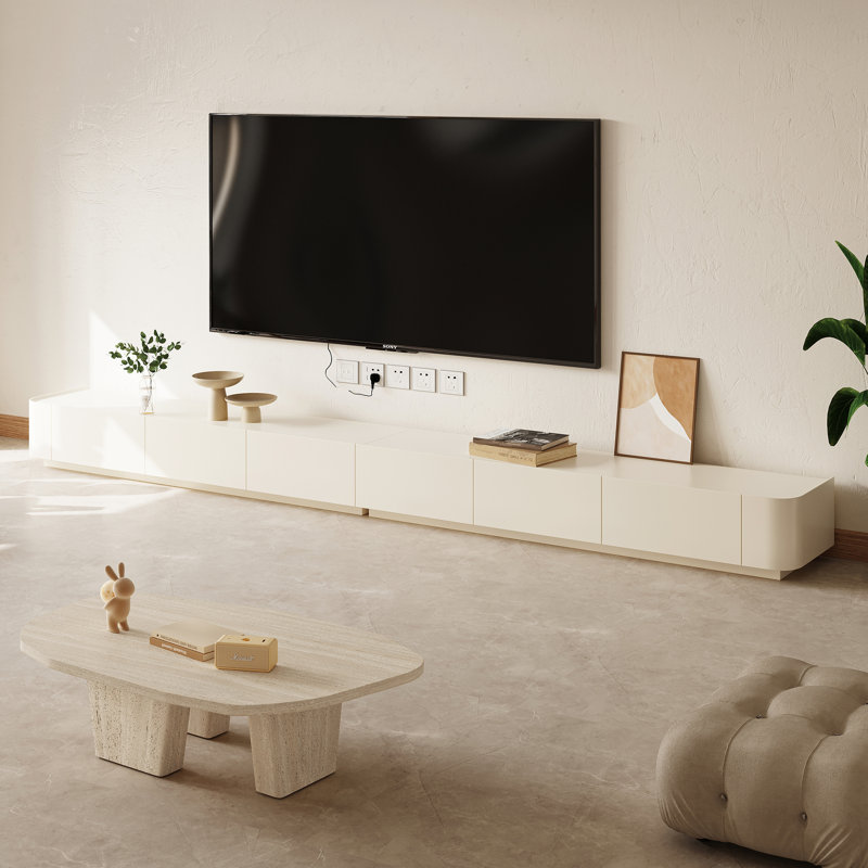 Ayrah Mid Century Modern TV Stands, 6 Drawers, Solid Wood Media Console, 11.4" H x 133.9" L x 15.7" W, White