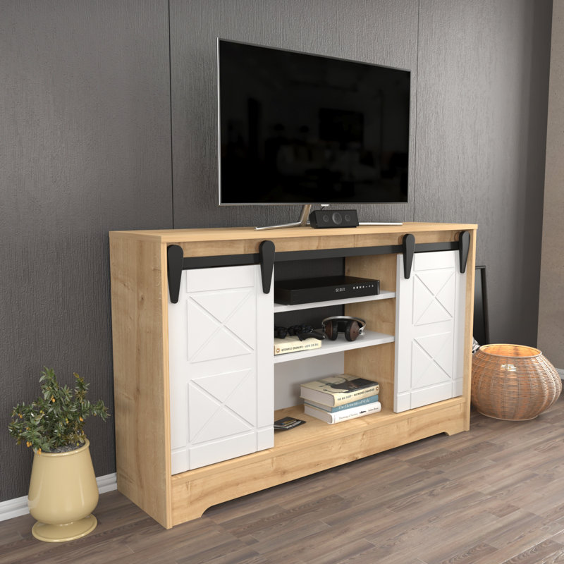Polston Barn Door TV Stand for TVs up to 60", Sapphire Oak/White
