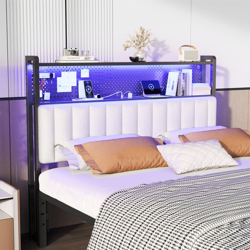 Queen Size Headboard, Adjustable Upholstered Headboard With 2 Tier Shelves And Pegboard With Charging Stations And LED Lights, Modern Bed Headboard With Storage Linen And Light Gray