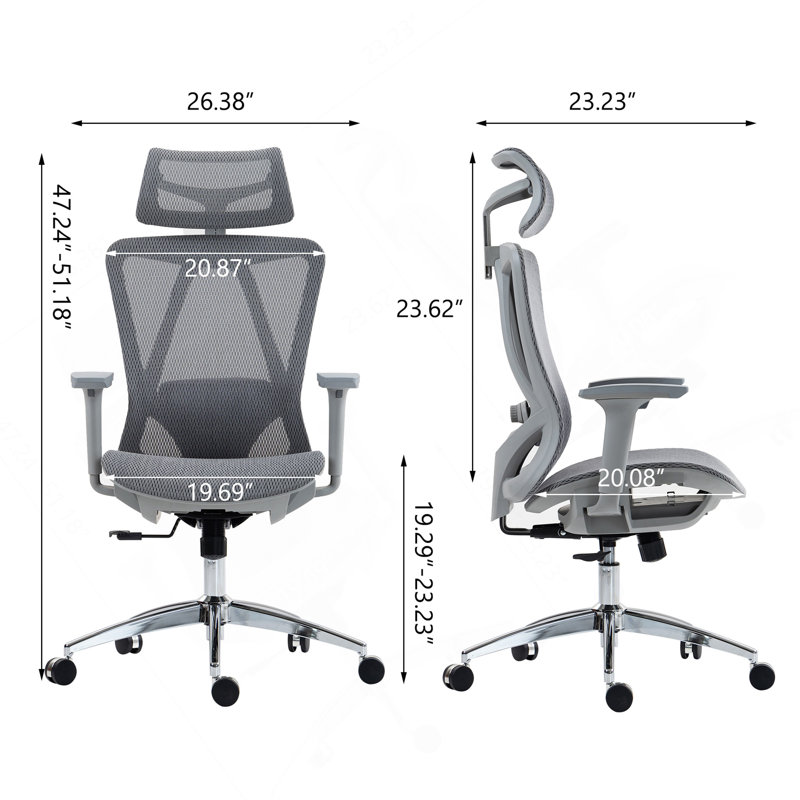 Chaise de bureau haut dossier en filet: 8360HW-GR, Gris, Argent argent