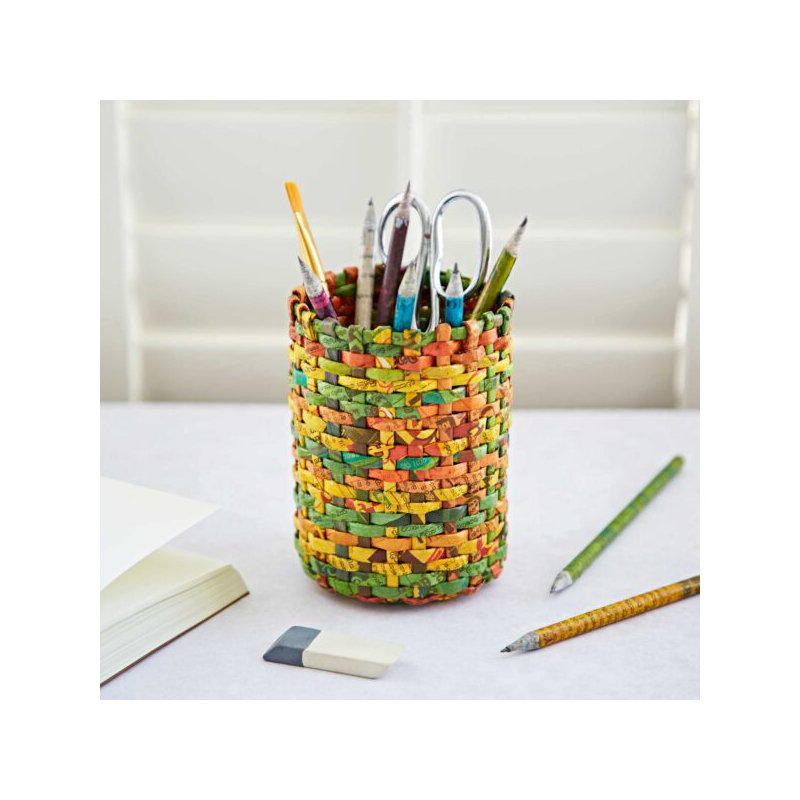 Round Recycled Newspaper Pencil Holder, Orange/Yellow/Green