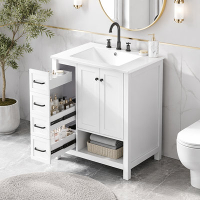 Meuble-lavabo en bois massif avec lavabo en céramique, deux portes, deux tiroirs et une tablette ouverte