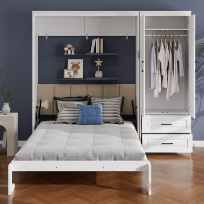 Queen Size Murphy Bed with Storage Wardrobe and Drawers, Upholstered Headboard