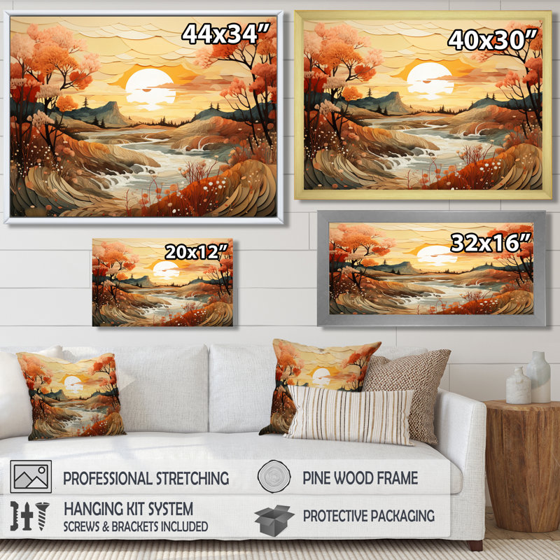 Orange Orange Autumn Serenity Sunset - forêt et rivière, art mural dans le salon, Toile tendue, H 24 po x l 32 po