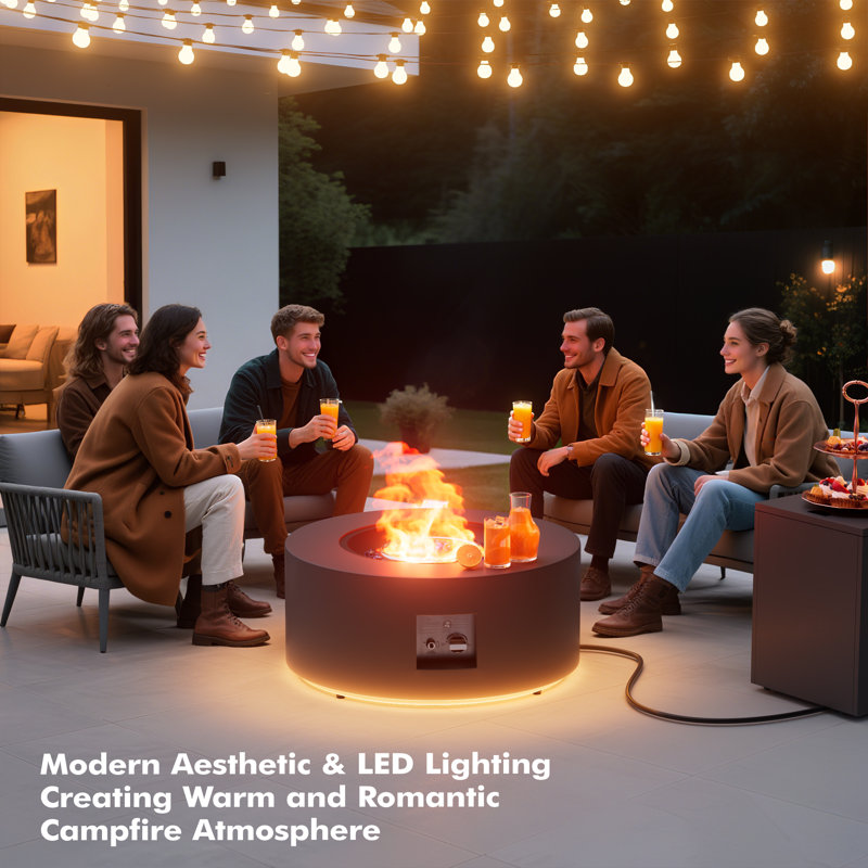 Table de foyer ronde au propane de 76 cm (30 po), 50 000 BTU, en acier sans fumée avec éclairage d'ambiance doré chaleureux pour patio et jardin.