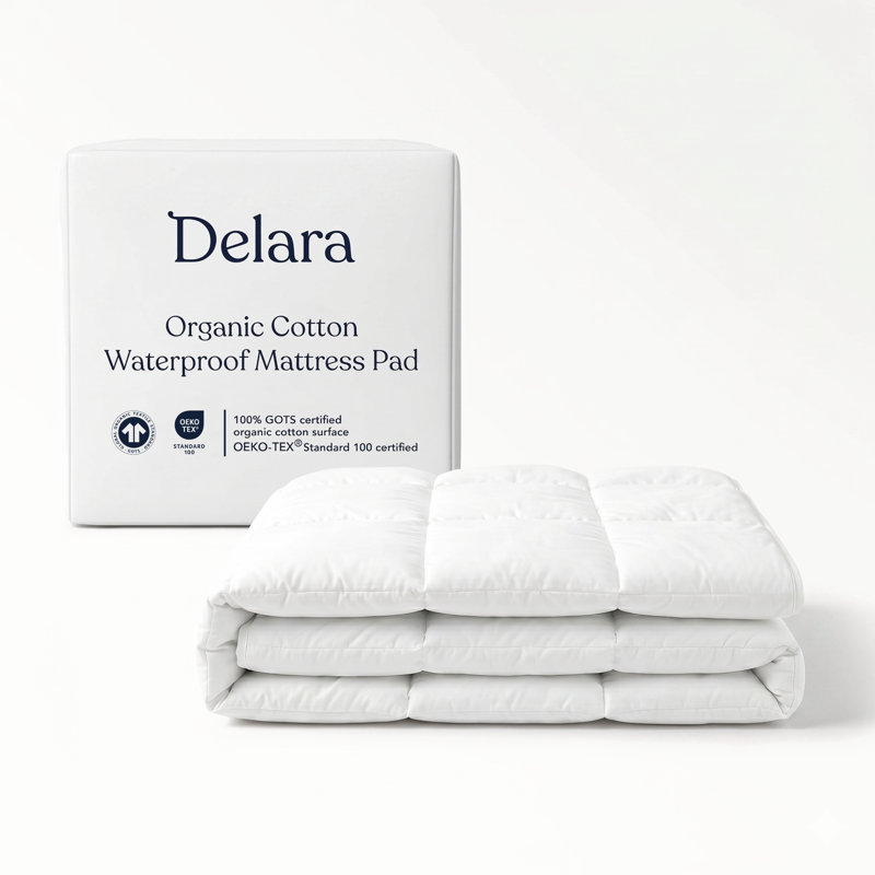 Protège-matelas matelassé imperméable 2 en 1 Tuscola 100% imperméable, rembourré en microfibre recyclé 7D + 3D, coque en coton biologique certifié GOTS, silencieux, OEKO-TEX, poche profonde de 18 po - grand 60 po x 80 po